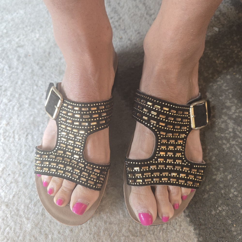 Gold and Black Sandals with Studded T-Strap Design